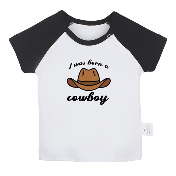 iDzn I Was Born A Cowboy Funny T shirt For Baby, Newborn Babies T-shirts, Infant Tops, 0-24M Kids Graphic Tees Clothing (Short Black Raglan T-shirt, 18-24 Months)