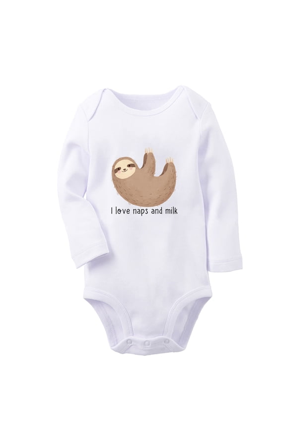 I Love Naps And Milk Funny Rompers, Newborn Baby Unisex Bodysuits, Infant Animal Sloth Graphic Jumpsuits, Toddler Kids Long Sleeve Oufits (White, 6-12 Months)