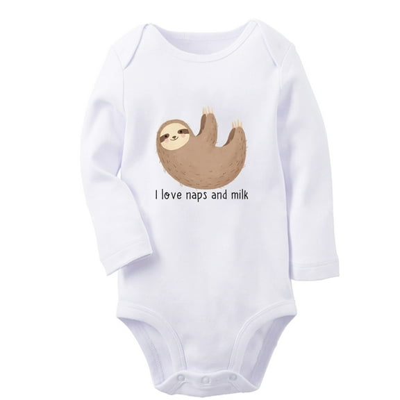 iDzn® I Love Naps And Milk Funny Rompers, Newborn Baby Unisex Bodysuits, Infant Animal Sloth Graphic Jumpsuits, Toddler Kids Long Sleeve Oufits (White, 0-6 Months)