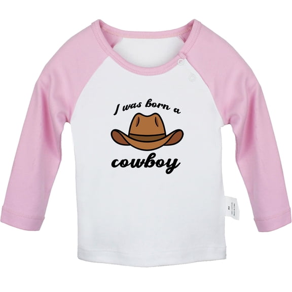 iDzn I Was Born A Cowboy Funny T shirt For Baby, Newborn Babies T-shirts, Infant Tops, 0-24M Kids Graphic Tees Clothing (Long Pink Raglan T-shirt, 18-24 Months)