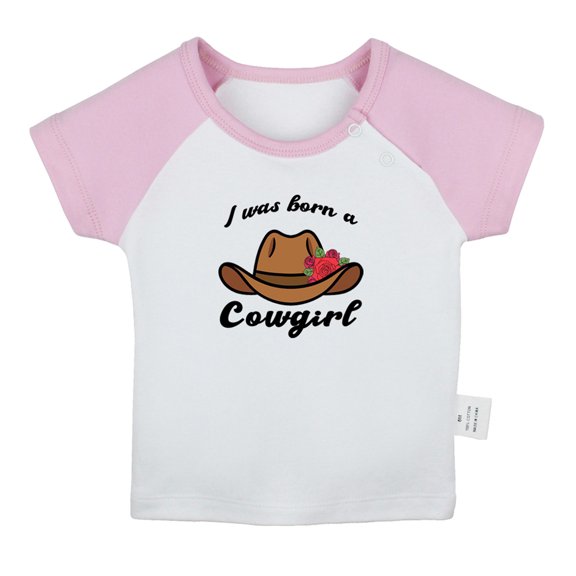 iDzn I Was Born A Cowgirl Funny T shirt For Baby, Newborn Babies T-shirts, Infant Tops, 0-24M Kids Graphic Tees Clothing (Short Pink Raglan T-shirt, 12-18 Months)