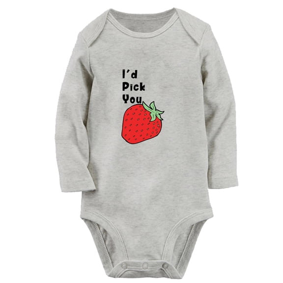 iDzn I'd Pick You Strawberry Funny Rompers, Newborn Baby Unisex Bodysuits, Infant Jumpsuits, Toddler Kids Long Sleeve Oufits (Gray, 0-6 Months)