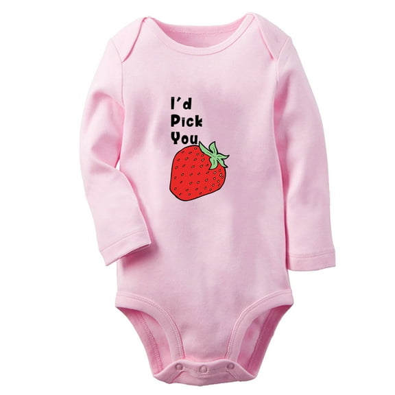iDzn I'd Pick You Strawberry Funny Rompers, Newborn Baby Unisex Bodysuits, Infant Jumpsuits, Toddler Kids Long Sleeve Oufits (Pink, 0-6 Months)