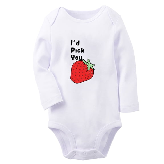 iDzn I'd Pick You Strawberry Funny Rompers, Newborn Baby Unisex Bodysuits, Infant Jumpsuits, Toddler Kids Long Sleeve Oufits (White, 6-12 Months)
