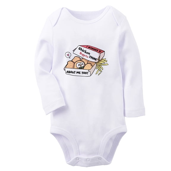 iDzn® If Chicken Nuggets Think About me Too Funny Rompers, Newborn Baby Unisex Bodysuits, Infant Jumpsuits, Toddler Kids Long Sleeve Oufits (White, 0-6 Months)