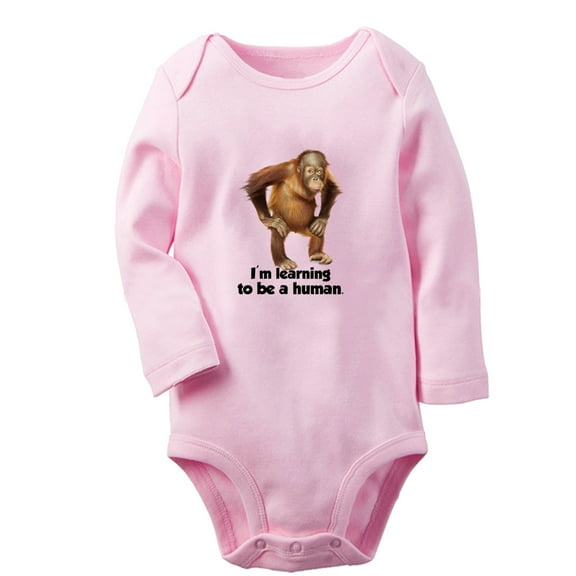iDzn I'm Learning to Be a Human Funny Rompers, Newborn Baby Unisex Bodysuits, Infant Animal Orangutan Graphic Jumpsuits, Toddler Kids Long Sleeve Oufits (Pink, 0-6 Months)