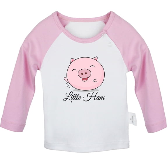 iDzn Little Ham Funny T shirt For Baby, Newborn Babies T-shirts, Infant Cute Pig Tops, 0-24M Kids Graphic Tees Clothing (Long Pink Raglan T-shirt, 0-6 Months)