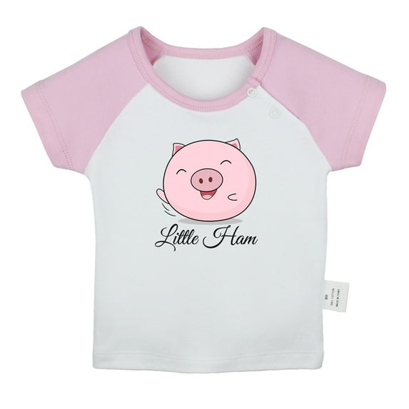 iDzn Little Ham Funny T shirt For Baby, Newborn Babies T-shirts, Infant Cute Pig Tops, 0-24M Kids Graphic Tees Clothing (Short Pink Raglan T-shirt, 6-12 Months)