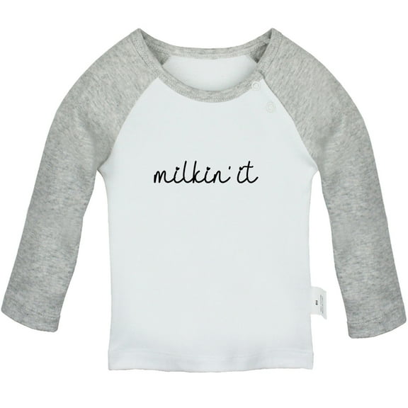 iDzn Milkin' It Funny T shirt For Baby, Newborn Babies T-shirts, Infant Tops, 0-24M Kids Graphic Tees Clothing (Long Gray Raglan T-shirt, 18-24 Months)