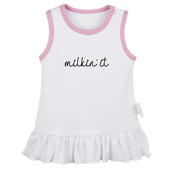 iDzn Milkin' It Funny Dresses For Baby, Newborn Babies Skirts, Infant Princess Dress, 0-24M Kids Graphic Clothes (White Sleeveless Dresses, 0-6 Months)