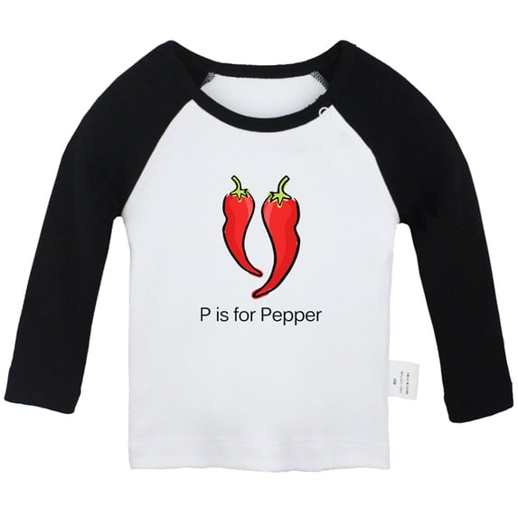 iDzn P is For Pepper Funny T shirt For Baby, Newborn Babies T-shirts, Infant Cute Veggies Tops, 0-24M Kids Graphic Tees Clothing (Long Black Raglan T-shirt, 12-18 Months)