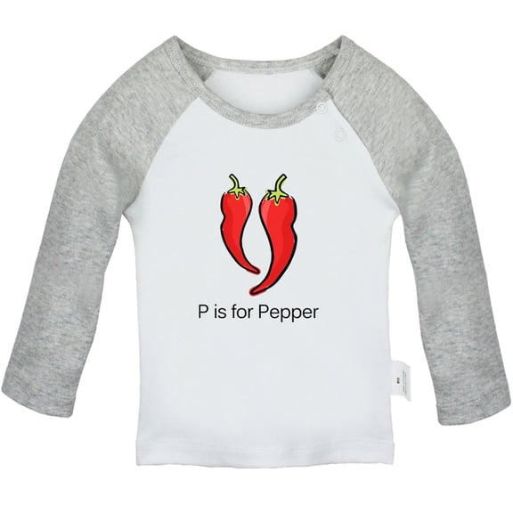 iDzn P is For Pepper Funny T shirt For Baby, Newborn Babies T-shirts, Infant Cute Veggies Tops, 0-24M Kids Graphic Tees Clothing (Long Gray Raglan T-shirt, 6-12 Months)