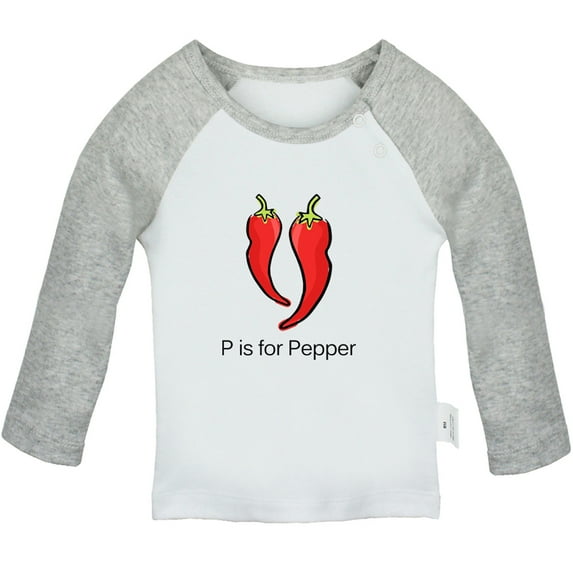 iDzn P is For Pepper Funny T shirt For Baby, Newborn Babies T-shirts, Infant Cute Veggies Tops, 0-24M Kids Graphic Tees Clothing (Long Gray Raglan T-shirt, 6-12 Months)