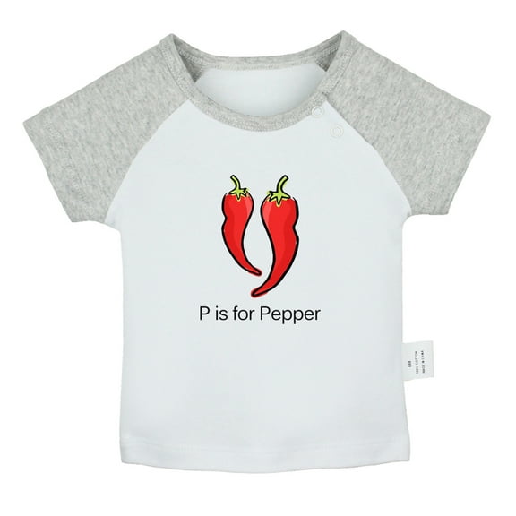 iDzn P is For Pepper Funny T shirt For Baby, Newborn Babies T-shirts, Infant Cute Veggies Tops, 0-24M Kids Graphic Tees Clothing (Short Gray Raglan T-shirt, 0-6 Months)