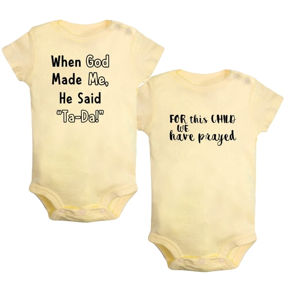 iDzn Pack of 2, For This Child We Have Prayed & When God Made Me He Said Ta-Da Funny Rompers For Babies, Newborn Baby Unisex Bodysuits, Infant Jumpsuits, Toddler 0-24 Months Kids One-Piece Oufits