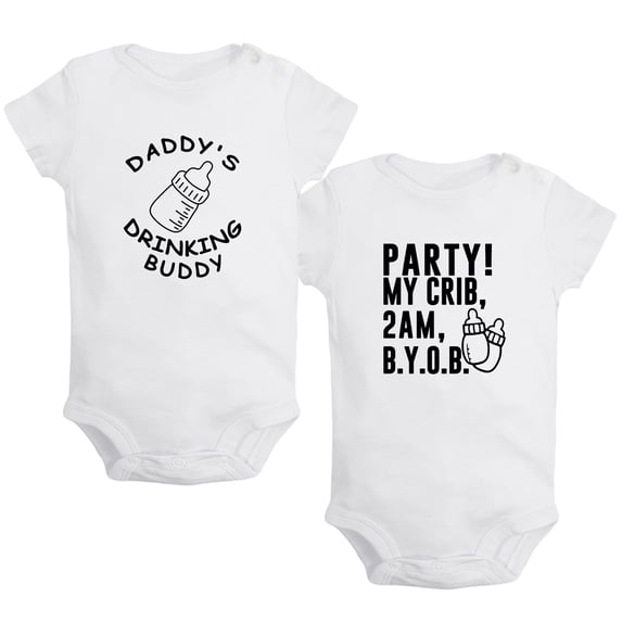 iDzn Pack of 2, Daddy's Drinking Buddy & PARTY MY CRIB 2AM Funny Rompers For Babies, Newborn Baby Unisex Bodysuits, Infant Jumpsuits, Toddler 0-24 Months Kids One-Piece Oufits