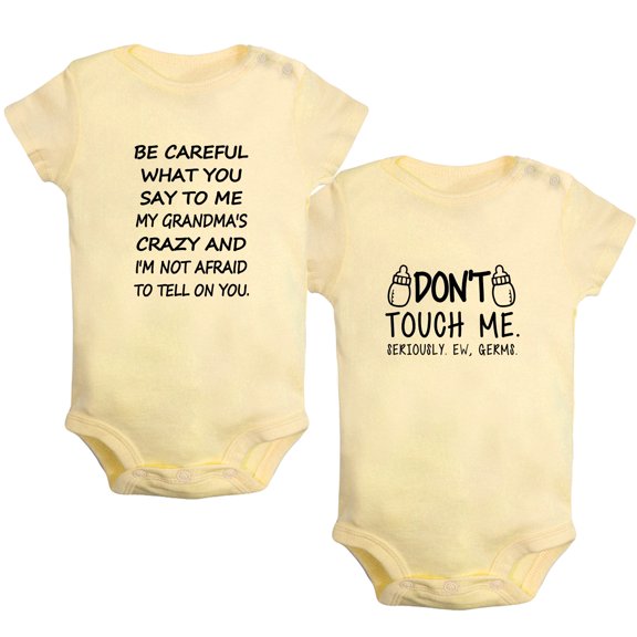 iDzn Pack of 2, Don't Touch Me & My Grandma's Crazy Funny Rompers For Babies, Newborn Baby Unisex Bodysuits, Infant Jumpsuits, Toddler 0-24 Months Kids One-Piece Oufits