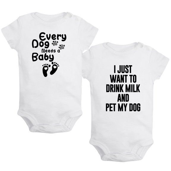 iDzn Pack of 2, Every Dog Needs Baby & I Just Want to Drink Milk and Pet My Dog Funny Rompers For Babies, Newborn Baby Unisex Bodysuits, Infant Jumpsuits, Toddler 0-24 Months Kids One-Piece Oufits
