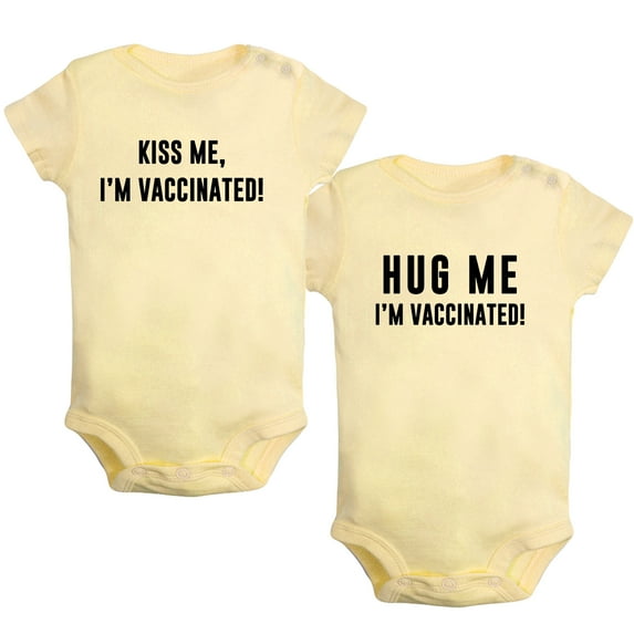 iDzn Pack of 2, Hug Me & Kiss Me I'm Vaccinated Funny Rompers For Babies, Newborn Baby Unisex Bodysuits, Infant Jumpsuits, Toddler 0-24 Months Kids One-Piece Oufits