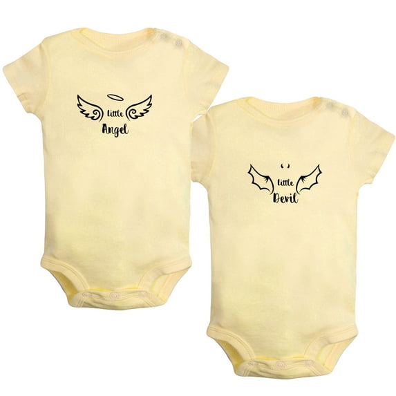 iDzn Pack of 2, Little Angel & Little Devil Twins Novelty Rompers For Babies, Newborn Baby Unisex Bodysuits, Infant Jumpsuits, Toddler 0-24 Months Kids One-Piece Oufits