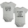 thumbnail image 1 of iDzn Pack of 2, Lucky Charm & All Because Two People Swiped Right Funny Rompers For Babies, Newborn Baby Unisex Bodysuits, Infant Jumpsuits, Toddler 0-24 Months Kids One-Piece Oufits, 1 of 5
