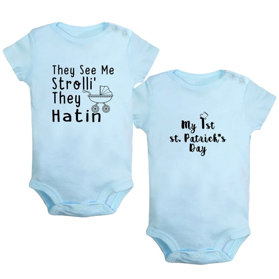 iDzn Pack of 2, My 1st st. Patrick's Day & They See Me Strolli' They Hatin Funny Rompers For Babies, Newborn Baby Unisex Bodysuits, Infant Jumpsuits, Toddler 0-24 Months Kids One-Piece Oufits