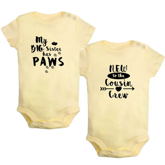 iDzn Pack of 2, New to the Cousin Crew & My Big Sister Has Paws Funny Rompers For Babies, Newborn Baby Unisex Bodysuits, Infant Jumpsuits, Toddler 0-24 Months Kids One-Piece Oufits