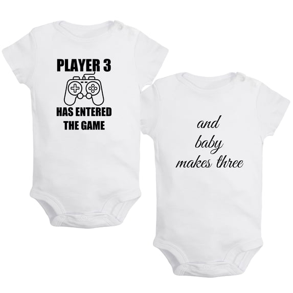 iDzn Pack of 2, Player 3 Has Entered The Game & And Baby Makes Three Pregnancy Announcement Rompers For Babies, Newborn Baby Unisex Bodysuits, Infant Jumpsuits, 0-24 Months Kids One-Piece Oufits