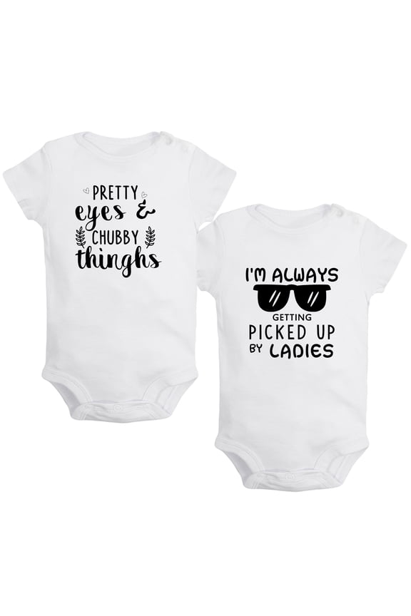 Pack of 2, Pretty Eyes Chubby Thinghs & I'm Always Getting Picked Up By Ladies Funny Rompers For Babies, Newborn Baby Unisex Bodysuits, Infant Jumpsuits, Toddler 0-24 Months Kids One-Piece Oufits