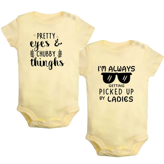 iDzn Pack of 2, Pretty Eyes Chubby Thinghs & I'm Always Getting Picked Up By Ladies Funny Rompers For Babies, Newborn Baby Unisex Bodysuits, Infant Jumpsuits, Toddler 0-24 Months Kids One-Piece Oufits