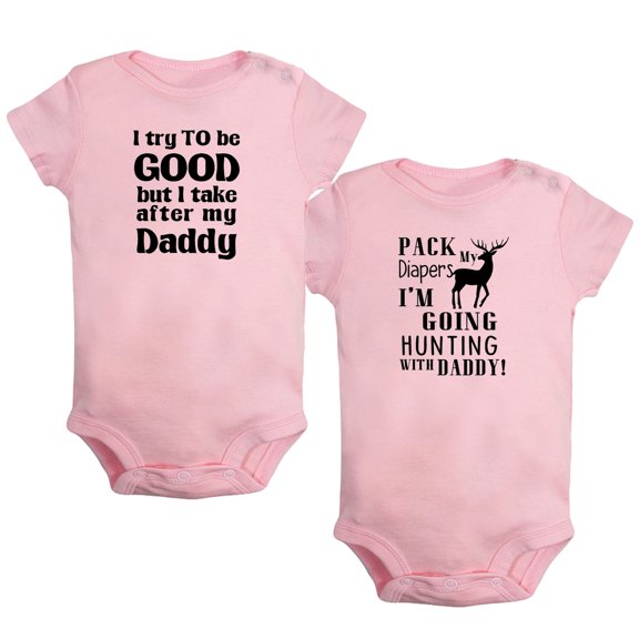 iDzn Pack of 2, Take After My Daddy & Pack My Diapers I'm Going Hunting With Daddy Funny Rompers For Babies, Newborn Baby Unisex Bodysuits, Infant Jumpsuits, Toddler 0-24 Months Kids One-Piece Oufits