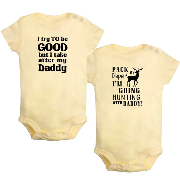 iDzn Pack of 2, Take After My Daddy & Pack My Diapers I'm Going Hunting With Daddy Funny Rompers For Babies, Newborn Baby Unisex Bodysuits, Infant Jumpsuits, Toddler 0-24 Months Kids One-Piece Oufits