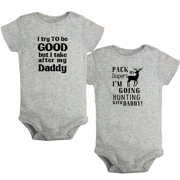 iDzn Pack of 2, Take After My Daddy & Pack My Diapers I'm Going Hunting With Daddy Funny Rompers For Babies, Newborn Baby Unisex Bodysuits, Infant Jumpsuits, Toddler 0-24 Months Kids One-Piece Oufits