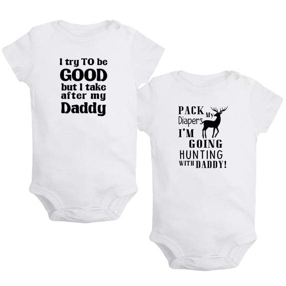 iDzn Pack of 2, Take After My Daddy & Pack My Diapers I'm Going Hunting With Daddy Funny Rompers For Babies, Newborn Baby Unisex Bodysuits, Infant Jumpsuits, Toddler 0-24 Months Kids One-Piece Oufits