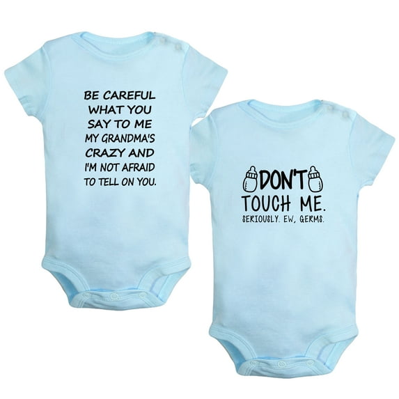 iDzn Pack of 2, Don't Touch Me & My Grandma's Crazy Funny Rompers For Babies, Newborn Baby Unisex Bodysuits, Infant Jumpsuits, Toddler 0-24 Months Kids One-Piece Oufits