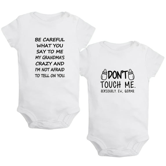 iDzn Pack of 2, Don't Touch Me & My Grandma's Crazy Funny Rompers For Babies, Newborn Baby Unisex Bodysuits, Infant Jumpsuits, Toddler 0-24 Months Kids One-Piece Oufits