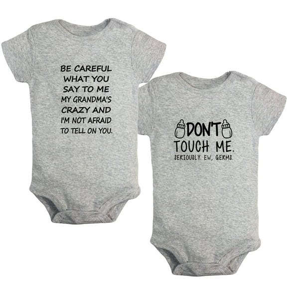 iDzn Pack of 2, Don't Touch Me & My Grandma's Crazy Funny Rompers For Babies, Newborn Baby Unisex Bodysuits, Infant Jumpsuits, Toddler 0-24 Months Kids One-Piece Oufits
