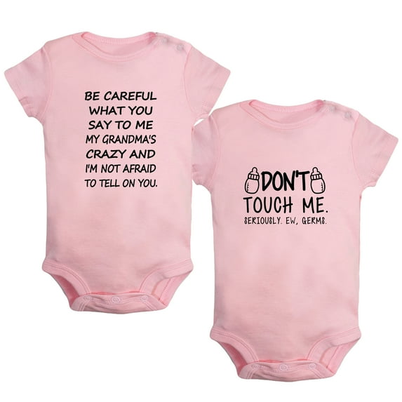 iDzn Pack of 2, Don't Touch Me & My Grandma's Crazy Funny Rompers For Babies, Newborn Baby Unisex Bodysuits, Infant Jumpsuits, Toddler 0-24 Months Kids One-Piece Oufits