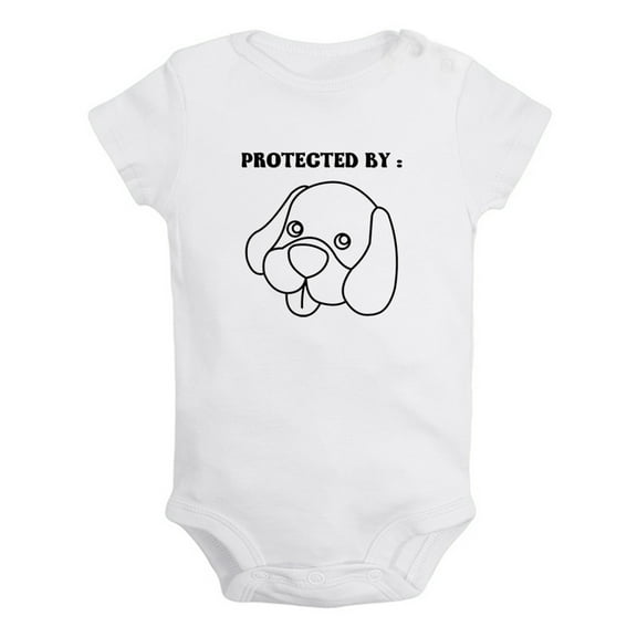 iDzn Protected by Dog Funny Rompers For Babies, Newborn Baby Unisex Bodysuits, Infant Jumpsuits, Toddler 0-12 Months Kids One-Piece Oufits (White, 0-6 Months)