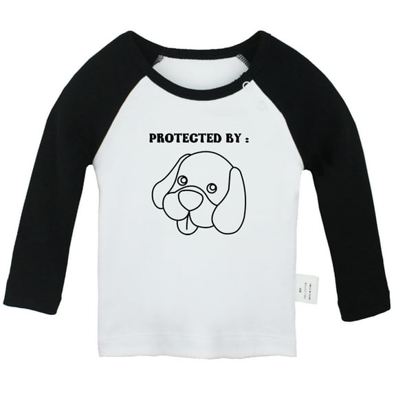 iDzn Protected by Dog Funny T shirt For Baby, Newborn Babies T-shirts, Infant Tops, 0-24M Kids Graphic Tees Clothing (Long Black Raglan T-shirt, 18-24 Months)