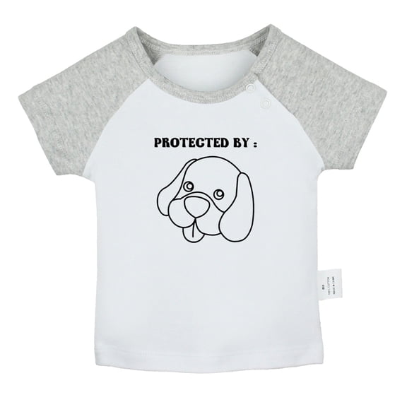 iDzn Protected by Dog Funny T shirt For Baby, Newborn Babies T-shirts, Infant Tops, 0-24M Kids Graphic Tees Clothing (Short Gray Raglan T-shirt, 12-18 Months)