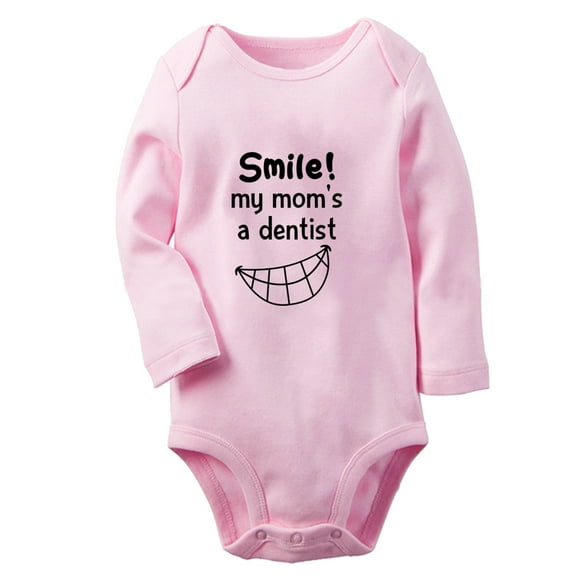 iDzn® Smile My Mom's a Dentist Funny Rompers, Newborn Baby Unisex Bodysuits, Infant Jumpsuits, Toddler Kids Long Sleeve Oufits (Pink, 0-6 Months)
