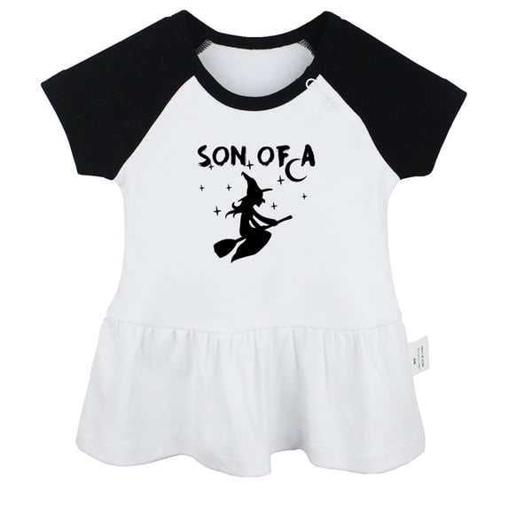 iDzn Son of a Witch Funny Dresses For Baby, Newborn Babies Skirts, Infant Princess Dress, 0-24M Kids Graphic Clothes (Black Raglan Dresses, 6-12 Months)