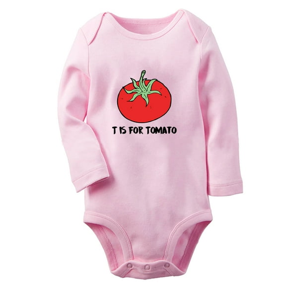 iDzn T is For Tomato Funny Rompers, Newborn Baby Unisex Bodysuits, Infant Jumpsuits, Toddler Kids Long Sleeve Oufits (Pink, 0-6 Months)