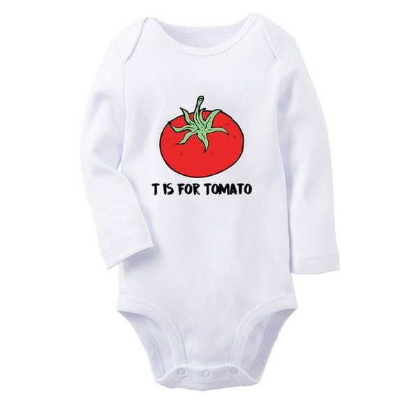 iDzn T is For Tomato Funny Rompers, Newborn Baby Unisex Bodysuits, Infant Jumpsuits, Toddler Kids Long Sleeve Oufits (White, 0-6 Months)