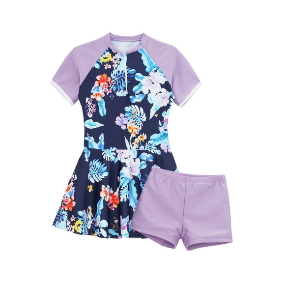 iEFiEL 2Pcs Kids Girls Swimsuit Print Floral/Stripes Print Swim Dress with Shorts Pool Beach Bathing Suit Purple 11-12