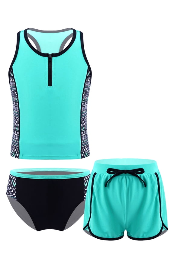 3Pcs Little & Big Girls Swimsuit Racer Back Tank Top with Briefs Boyshorts Set Bathing Suit