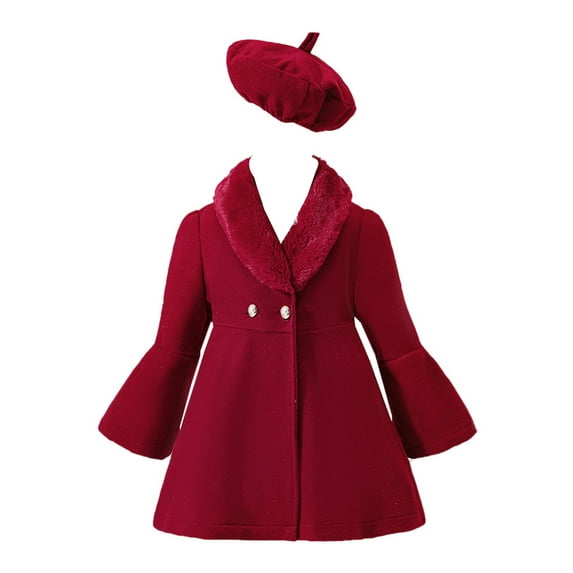 iEFiEL Baby Girls Warm Woolen Blend Coat Toddlers Furry Collar Long Sleeve Windproof Jacket Outerwear with Hat A Red 7-8