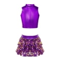 thumbnail image 1 of iEFiEL Big Girls 2Pcs Dance Outfit Metallic Crop Tank Top with Shiny Sequins Tiered Ruffle Skirted Shorts Culottes Purple 14, 1 of 5