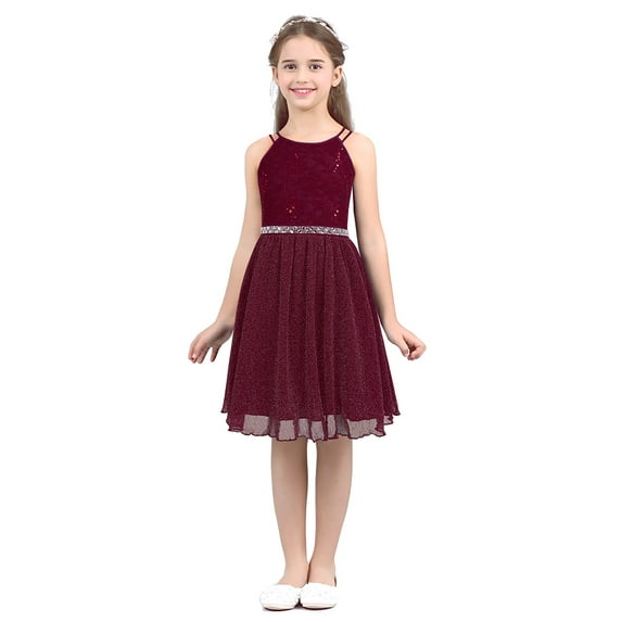 iEFiEL Big Little Girls Halter Neck Chiffon Summer Dress Sleeveless Rhinestone Wedding Birthday Party Dress Burgundy 14